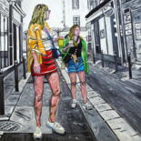 Schilderij getiteld "Jeunes filles rue d…" door Jerome Labrunerie (GEO), Origineel Kunstwerk, Olie Gemonteerd op Frame voor…