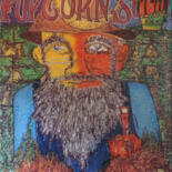 Schilderij getiteld "PopCorns Sutton" door Jo Râome, Origineel Kunstwerk, Olie Gemonteerd op Frame voor houten brancard