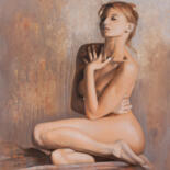 Painting titled "Touchée" by Jean-Pierre André Leclercq, Original Artwork, Oil Mounted on Wood Stretcher frame