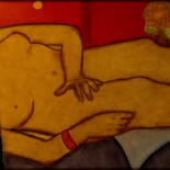 Painting titled "OLYMPIA" by Juan Saenz, Original Artwork, Charcoal Mounted on Wood Panel