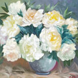 Painting titled "White peonies (60x8…" by Kamo Atoyan, Original Artwork, Oil Mounted on Wood Stretcher frame