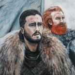 Painting titled "Jon Snow et Tormund" by Karnakiev, Original Artwork, Acrylic Mounted on Wood Stretcher frame