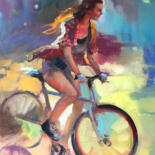 Malerei mit dem Titel "Radfahrerin im Sonn…" von Katharina Valeeva, Original-Kunstwerk, Öl Auf Keilrahmen aus Holz montiert