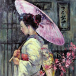 Painting titled "Geisha with umbrella" by George Shchegol, Original Artwork, Oil Mounted on Wood Stretcher frame