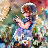 Картина под названием "Little girl with da…" - Anna Brigitta Kovacs (KAB), Подлинное произведение искусства, Акварель