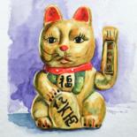 Painting titled "Chinese cat" by Krystyna Szczepanowski, Original Artwork, Watercolor