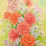 Painting titled "Roses and Marguerit…" by Kyoko Yamaji, Original Artwork, Oil