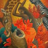 Painting titled "Dancing Animals in…" by Kyoko Yamaji, Original Artwork, Oil Mounted on Wood Panel