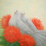 Painting titled "White Doves and Red…" by Kyoko Yamaji, Original Artwork, Oil Mounted on Wood Stretcher frame