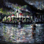 Painting titled "Lake Bled" by Lana Frey, Original Artwork, Oil Mounted on Wood Stretcher frame