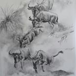 Dessin intitulée "Wildebeest migration" par Leonora De Lange, Œuvre d'art originale, Fusain