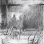 Desenho intitulada "Café Interior" por Lisa Tennant, Obras de arte originais, Carvão