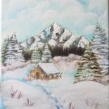 Painting titled "Cottage in the snow…" by Ľubomír Kurpel, Original Artwork, Oil