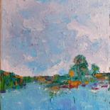 Painting titled "Paysage" by Mahcer, Original Artwork, Oil Mounted on Wood Stretcher frame