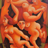 Painting titled "Girlfriends dance" by Zsolt Malasits, Original Artwork, Oil Mounted on Wood Stretcher frame