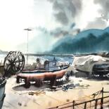 Painting titled "bateaux au port de…" by Manu Toxxic, Original Artwork, Watercolor