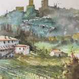 Malerei mit dem Titel "San Gimignano sunri…" von Manu Toxxic, Original-Kunstwerk, Aquarell