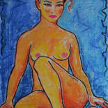 Tekening getiteld "Sitting nude on blue" door Margarita Felis, Origineel Kunstwerk, Pastel