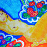Painting titled "Nude on blue with f…" by Margarita Felis, Original Artwork, Acrylic