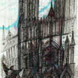 Tekening getiteld "Reims Cathedral" door Maria Susarenko, Origineel Kunstwerk, Marker Gemonteerd op Karton