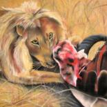 Painting titled "le repas du Roi Lion" by Marie Claude Ramain, Original Artwork