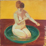 Painting titled "Oil painting Nude i…" by Marina Babintseva, Original Artwork, Oil Mounted on Wood Stretcher frame