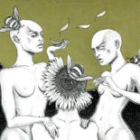 Рисунок под названием "Girls and sunflower" - Mariya Markina, Подлинное произведение искусства, Гелевая ручка