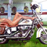 Schilderij getiteld ""Harley Akt"" door Mark Herzog, Origineel Kunstwerk, Olie Gemonteerd op Frame voor houten brancard