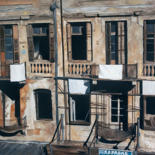 Painting titled "Building on Ermou S…" by Mats Pehrson, Original Artwork, Oil Mounted on Wood Stretcher frame