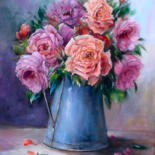 Painting titled "Le pot de roses du…" by Chrispaint-Flowers, Original Artwork
