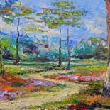 Painting titled "Forêt landaise le v…" by Michel Hamelin, Original Artwork, Oil Mounted on Wood Stretcher frame
