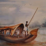 Painting titled "Batelier hindou" by Michelle Alias Farane Thébault, Original Artwork, Watercolor