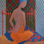 Картина под названием "Roses on blue silk" - Marina Venediktova, Подлинное произведение искусства, Масло Установлен на Дерев…