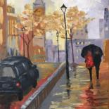 Painting titled "Rainy London" by Nadia Voro, Original Artwork, Oil Mounted on Wood Stretcher frame