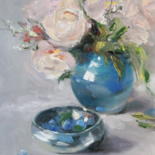 Painting titled "roses and blueberri…" by Anastasia Kolesnikova, Original Artwork, Oil