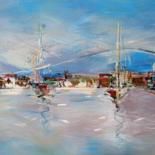 Painting titled "Resting Yachts" by Oksana Veber, Original Artwork, Oil Mounted on Wood Stretcher frame