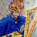 Painting titled "CAT LA VAN GOGH." by Olga Koval, Original Artwork, Oil