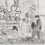 Dessin intitulée "rue de Tokyo graffi…" par Orlando Marin Lopez, Œuvre d'art originale, Encre