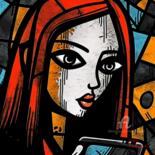 Arts numériques intitulée "Girl with Smartphon…" par Otto Frühwach, Œuvre d'art originale, Impression numérique Monté sur Al…