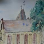 Painting titled "Eglise d'Ecouen" by Pascale Coutoux, Original Artwork, Watercolor