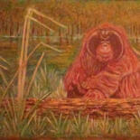 Painting titled "Orangutan Meditation" by Pasquale Desantis, Original Artwork, Oil Mounted on Wood Stretcher frame