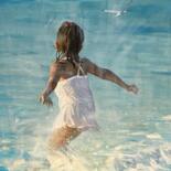 Painting titled "Happy Beach Girl" by Paul Cheng, Original Artwork, Oil Mounted on Wood Stretcher frame
