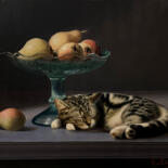 绘画 标题为“Sleeping Cat and Pe…” 由Paul Cheng, 原创艺术品, 油 安装在木质担架架上