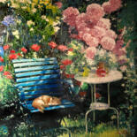 Painting titled "Cat in the Garden" by Paul Cheng, Original Artwork, Oil