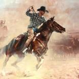 Painting titled "Cattle Drive" by Paul Cheng, Original Artwork, Oil Mounted on Wood Stretcher frame