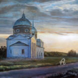Картина под названием "Церковь при дороге" - Артемий Петрухин, Подлинное произведение искусства, Масло Установлен на Деревян…
