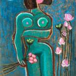 Pittura intitolato "Woman and Lotus flo…" da Tung Duc Pham, Opera d'arte originale, Pastello