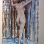 Peinture intitulée "Le modèle au rideau…" par Pierre Feyeux, Œuvre d'art originale, Huile