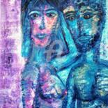 Painting titled "Le couple bleu" by Pinkivioletblue, Original Artwork, Oil Mounted on Wood Stretcher frame