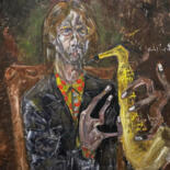 Painting titled "Saxophoniste" by Reda Kanzaoui, Original Artwork, Oil Mounted on Wood Stretcher frame